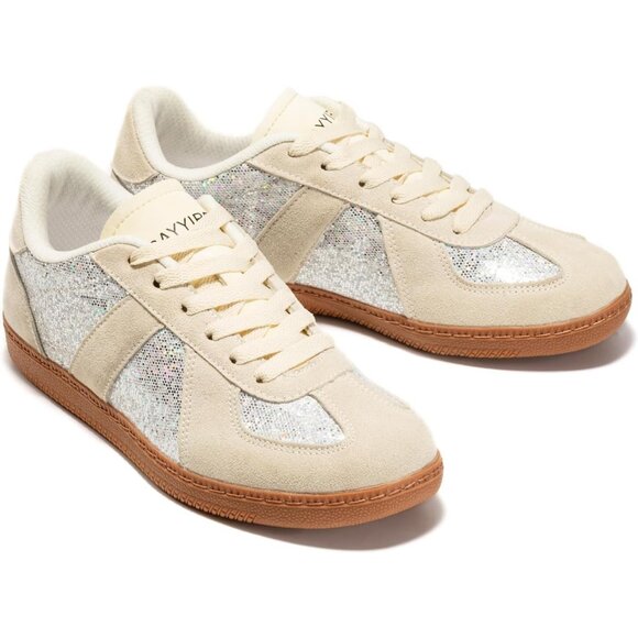 Women’s Tan Glitter Sparkly Fashion Trainers Gum Sole Cushioned Insole Sneakers - Picture 7 of 8